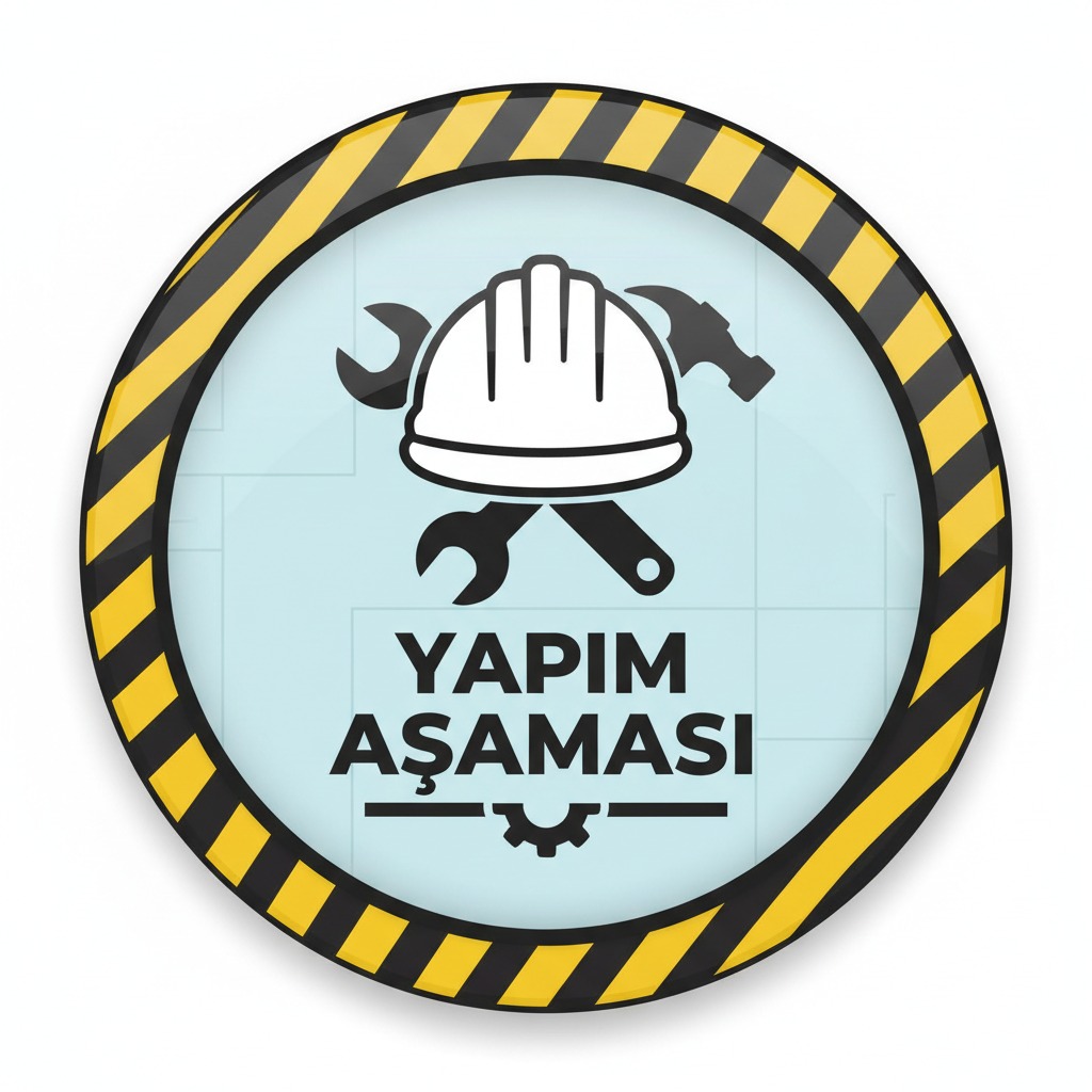 Sarı ve siyah çizgili çerçeve içinde baret, çekiç ve anahtar simgeleri ile YAPIM AŞAMASI yazısı bulunan yuvarlak uyarı işareti.